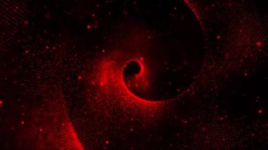 4K Soyut arkaplan animasyonu. Parlayan kırmızı parçacıklar ve toz uzayda yüzüyor. Dönen sarmal formlar oluşturuyor.