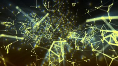 Hareket sarı noktalar ve çizgiler, teknoloji, sosyal ağlar, iletişim, iş dünyası, üçgenlerden oluşan yüzey, fütüristik ağ ile soyut gradyan bulanık arkaplan