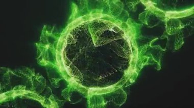 Parçacıklardan oluşan enerjik yeşil bir küre. Parlak arkaplan canlandırması.