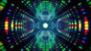 Neon parlayan teknolojik tünellerde hız hareketi birçok renkli noktadan oluşur. Soyut arkaplan.