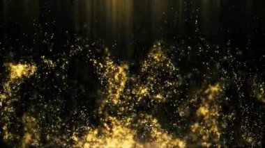 Soyut sarı parçacık noktaları ışık ışınlarıyla arka planda dalgalanır. Dijital parçacık siber veya teknoloji arka planı