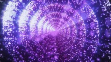 Mandala arka planında daireler. Mor arkaplandaki parlak leylak parçacıklarının soyut animasyonu. Işınlar ve parçacıklardan oluşan parlak fantezi şekillerinin kaleydoskop hareketi. Yoga, çakra, içgörü