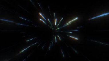 Uçan Çizgiler Pikseli Animasyonu. Karanlık Arkaplanda Dinamik Çizgilerin Retro Oyun Elektriği Hareketi. Zaman Yolculuğu Çiziminde Hiperuzayın Neon Parlayan Işıkları.
