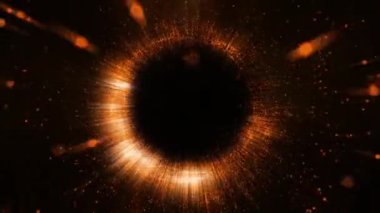 Işıltılı turuncu ışık çemberi ışıldıyor ve 3D parıldıyor. Işık saçan sihirli parlak küre ve parlak parlak ışık efektli parlak parçacıklar.