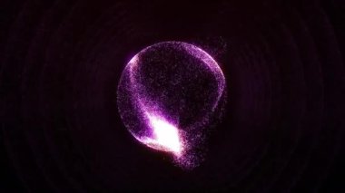 Karanlık arkaplandaki enerji parçacıklarının soyut parlak mor küreleri. Uzayda dinamik plazmanın sihirli parlak küresi akıyor. Dijital fütüristik VJ top konsepti videosu.