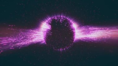 Karanlık bir arkaplanda parlayan pembe parçacıkların soyut yuvarlak küresi, parlak noktalardan oluşan enerji topu, küresel bir topun hareketi. 