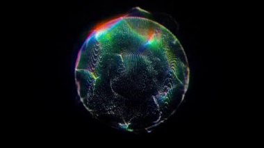 Siyah arka planda ışıl ışıl parlayan kozmik küre. Soyut ve canlı bir tasarım. Parlak ve fütürist bir kavram. Uzayda 3D renkli gökkuşağı gezegeni.