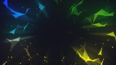 Noktalar ve çizgilerden oluşan hareket katmanı olan soyut gradyan arkaplan. İş sunumu için merkezde. 4k çözünürlükte teknoloji videosu.