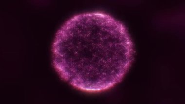 Karanlık bir arka planda parlayan parlak pembe parçacıkların küresi. Parlak noktalardan oluşan sihirli bir top, küresel bir topun yumuşak hareketi. 4k video.