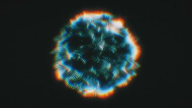 Parçacıkların soyut alanında bozulma eğilimli gökkuşağı dalgaları. Küresel nokta dizisinin dijital veri sıçraması. Parlak dijital efekt kavramına sahip fütürist arıza yıldızı.