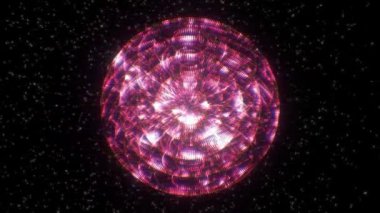 Pembe, simetrik olarak örülmüş halkalar uyumlu bir dönen küre oluşturur. Yüzen yıldızların arkaplanındaki uzay hareketinin videosu.