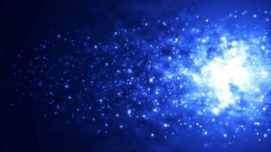 Parlayan yıldız ışığı yatay olarak hareket ediyor, mavi uzayda yıldız tozları arasında kuyruklu yıldız. Yüksek kalite 4k video, hareket tasarımı.