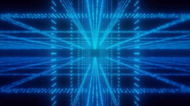 Çizgiler ve noktalardan gelen mavi teknolojik uzay, sanal siber tünel. Ağır çekimde üç boyutlu animasyon. 4K video.