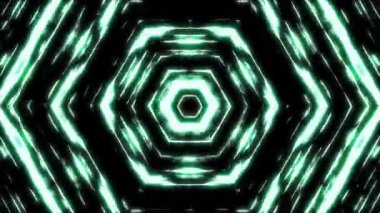 Siyah arka planda parlak yeşil kaleydoskop ve etkileyici süsler. 3D görüntüleme, sihirli fantezi parlayan enerji.