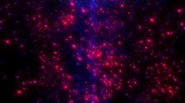 Mavi uzayın arka planına karşı sayısız yıldızın parlak kırmızı parıltısı. 3D görüntüleme, sihirli fantezi parlayan enerji.