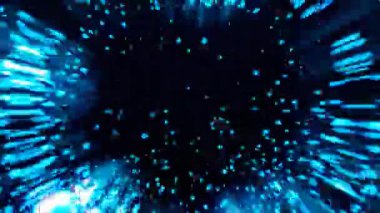 Animasyonun merkezinde mavi parçacıkların dinamik hareketi ve Bokeh etkisi ile parlayan ışık ışınları. Kusursuz arka plan animasyonu. Işık hızı