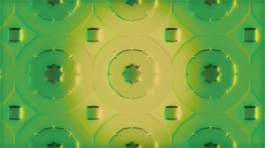 Yeşil ve sarı bir parıltıyla simetrik tekrarlayan bir desenin görsel gelişimi. 4K görselleştirme.