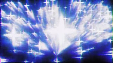 Parlak mavi ve beyaz renkli yıldız patlaması efektleri, dinamik ve büyüleyici bir görsel görüntüyle, kapalı bir alanı aydınlatır. Video 4k, hareket tasarımı