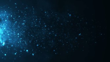 Koyu arkaplan üzerine odaklanmış mavi toz parçacıkları. Etkinlik oyunu karavanı sinema sahnesi arkaplanı. Sihirli anlar, şenlikli etkinlikler ve neşeli kutlamalar için yağmur.