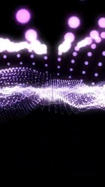 Dinamik ses dalgaları, parlak mor noktaların dijital sanatı ön plana çıkaran karanlık bir arkaplana çarpıcı bir görüntüsünü üretir. Telefonlar için dikey duvar kağıtları