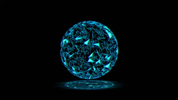 Küre, küre ve uzay bir pleksus şeklinde. Hareket eden çizgiler, noktalar ve üçgenlerle soyut geometrik arkaplan. Plexus fantezi soyut teknolojisi