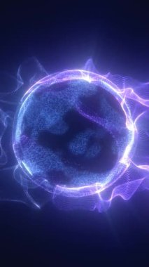 Karanlık bir ortamda canlı enerji dalgaları yayan parlak bir kürenin keşfi renkli dijital efektler sergiliyor..