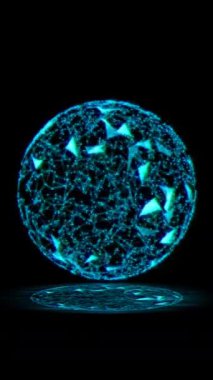 Parlayan bir küre koyu bir arkaplan karşısında karmaşık mavi desenler gösterir, büyüleyici bir görsel deneyim yaratır..