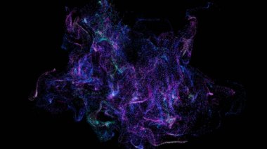 Mor parçacıklar arka planda hareket ediyor. Işık efektli yavaş enerji uçan parçacıklar. Toz parçacıkları siyah arkaplanda uçar. Metin için soyut çerçeve arkaplanı