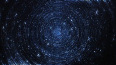 Zamanda ve uzayda bir solucan deliği, bilim kurguda bükülüyor. Renkli yıldızlar arasında hiper uzayda soyut bir sıçrama. Parlayan parçacıklarla mavi uzay tünelinde uçuyorlar. Kusursuz döngü, 3 boyutlu animasyon