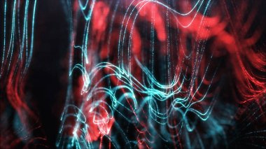 Soyut dinamik parlak çizgiler mavi kırmızı nokta. Fütürist dijital, ışıl ışıl dalga parçacıkları arka planda akıyor. Dijital veri akışının hareketi. Büyük veri arkaplanı siber veya tekno kavramı