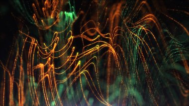 Soyut dinamik parlak çizgiler yeşil ve turuncu. Fütürist dijital, ışıl ışıl dalga parçacıkları arka planda akıyor. Metin için soyut görüntü arkaplanı
