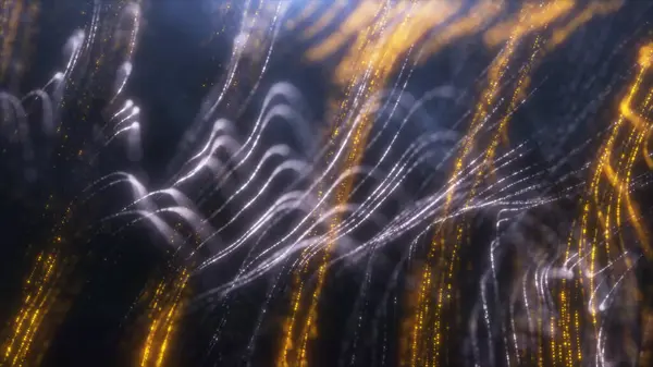 Turuncu Parçacıklar Arkaplanda Hareket Ediyor. Enerji uçuş hattı. Siyah zemin üzerinde parçacık altın ve gümüş tozu. Metin için soyut görüntü arkaplanı