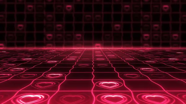 Kırmızı duvarlar ve zemin neon parıldayan kalplerle dolu. Romantik atmosferi olan soyut bir arka plan. Aydınlatılmış teknoloji gösterisi sahnesi, neon performans podyumu arka planı. Parlak canlı arkaplan