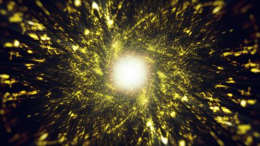 Soyut arkaplan sanatının 3D videosu. Parlak ve parlak efektli altın tünelde sürreal spiral desenli.