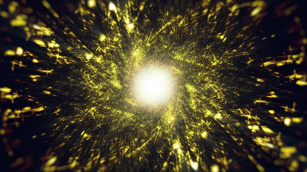 Soyut arkaplan sanatının 3D videosu. Parlak ve parlak efektli altın tünelde sürreal spiral desenli.