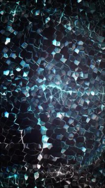 Mavi tonlarda parlayan dinamik altıgen şekillerin soyut animasyonu büyüleyici bir görsel deneyim yaratıyor..