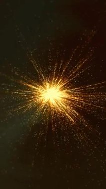 Işıldayan parçacıkların altın patlaması. Karanlık bir arka planda ışınlar. Görsel ilham için ideal..
