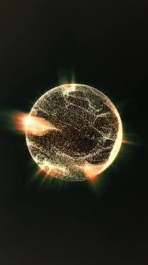 Dinamik animasyon renkli kozmik turuncu parçacık kürelerini parlayan ışınlarla sergiliyor ve soyut bir zemin oluşturuyor..