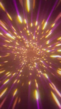 Merkezi bir noktadan yayılan parlak turuncu parçacıkların renkli animasyonu soyut bir deneyim yaratıyor..