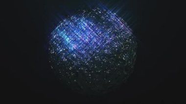 Parlak küre parlıyor, mavi ışık karanlık bir yerde. Işıldayan, ışıltılı bir yüzey. Soyut top canlandırması.