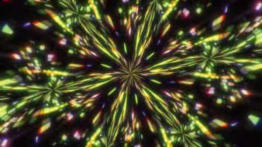 Renkli geometrik şekiller merkezden yayılarak simetrik bir etki yaratır..