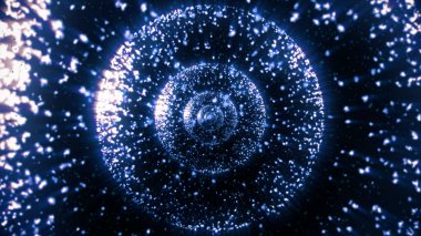 Mavi kürelerin canlı görüntüsü. Etkileyici bir hipnotik etkisi olan parçacıkları ve çemberleri yontmak.