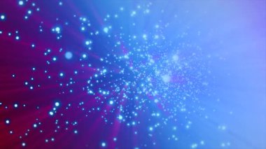 Açık mavi parçacıklar merkezden kırmızıdan maviye giden bir gradyan arkaplan üzerine yayılır..