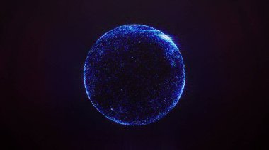 Abstract digital energy shiny sphere of particles. Blue orb ball round core made of glowing bright magic electric electrons. Small futuristic particle on dark background.
