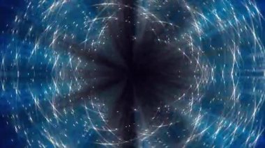 Parlak parlak çizgiler birleşir ve lacivert bir arka plana karşı karanlık bir merkezden yayılır..