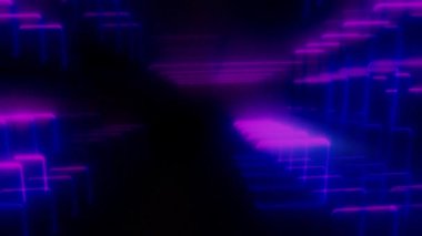 Pembe ve mavi dikdörtgenler, izleyiciye yaklaşan bir tünel şekli oluştururken parlıyorlar..