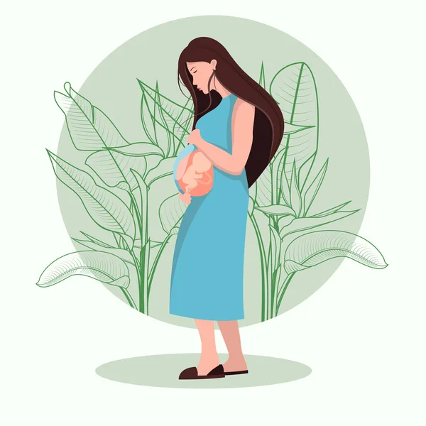 Feliz Mujer Embarazada Ilustración Diseño Plano Bellamente Decorado Con Hojas — Archivo Imágenes Vectoriales