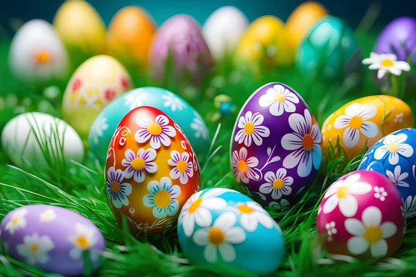Conjunto Huevos Pascua Decorados Con Flores Hierba Fondo Pantalla — Archivo Imágenes Vectoriales