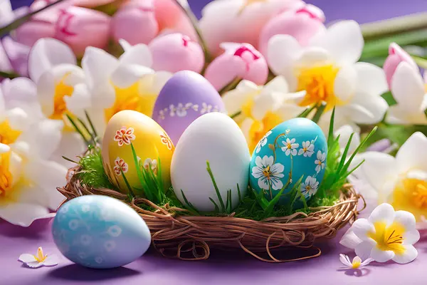 Conjunto Huevos Pascua Decorados Con Flores Hierba Fondo Pantalla — Vector de stock