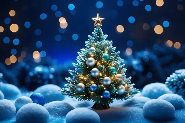 Versierde Kerstboom Blauwe Sneeuw Nachtlampje Achtergrond Behang — Stockvector